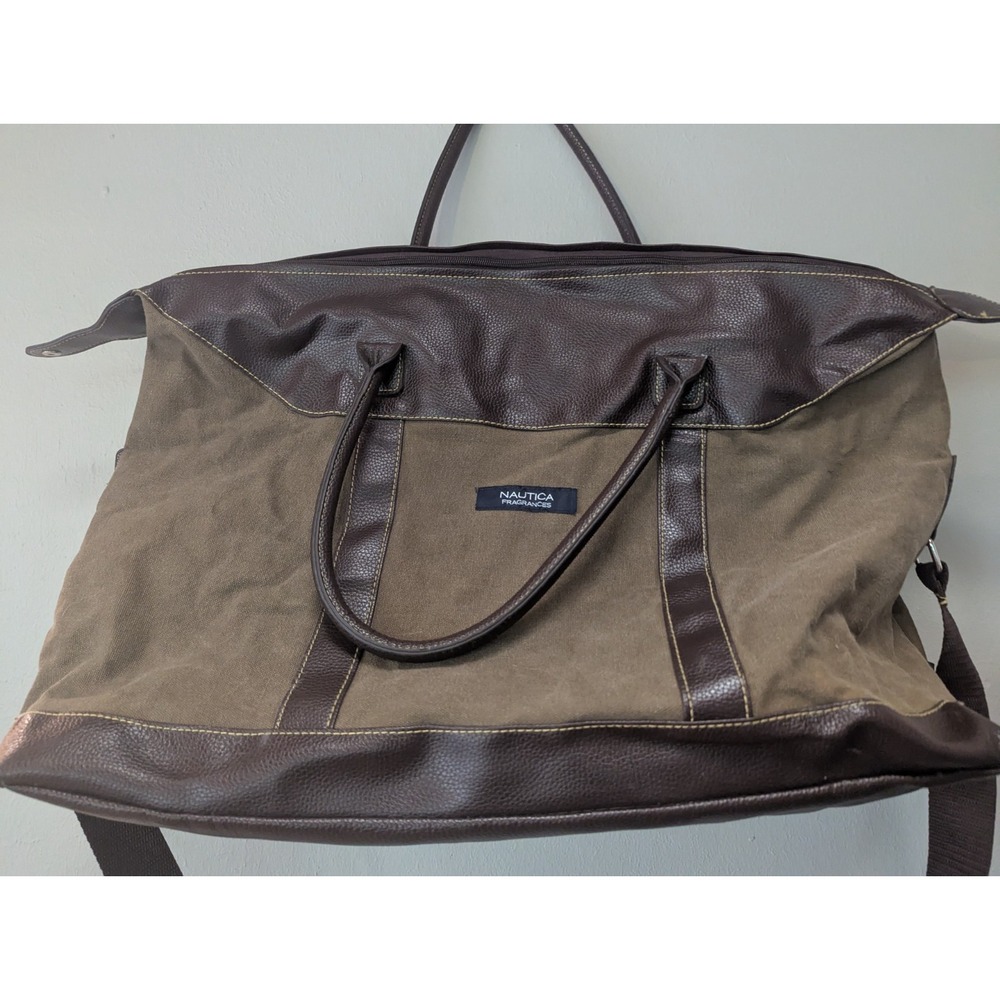 Nautica Canvas Weekender Duffel Bag Tan Brown Leather Trim Travel Gym Carry On